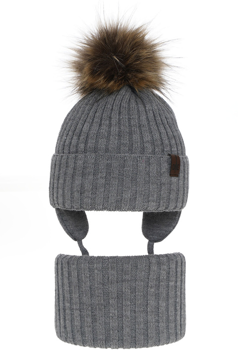 Boy's winter set: hat and tube scarf grey Puzel with pompom