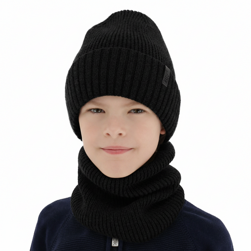 Boy's hat and tube scarf, winter set, 100% merino wool, with merino wool lining, black Harbin