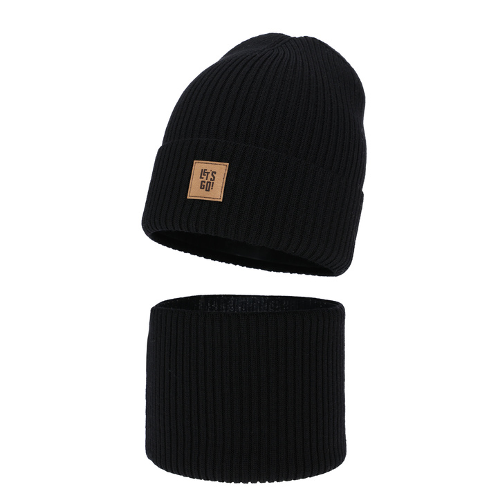 Boy's spring, autumn set: hat and tube scarf black 100% merino wool Vanto