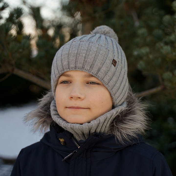 Boy's winter set: hat and tube scarf grey Wiliam with pompom