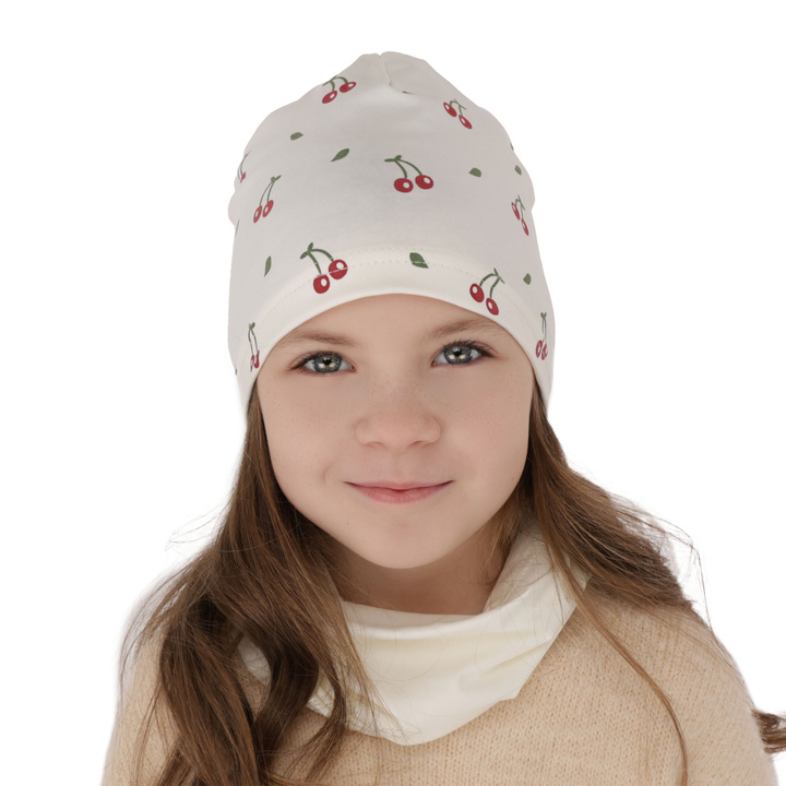 Girl's spring/ autumn cotton set: hat and tube scarf ecru Cerise