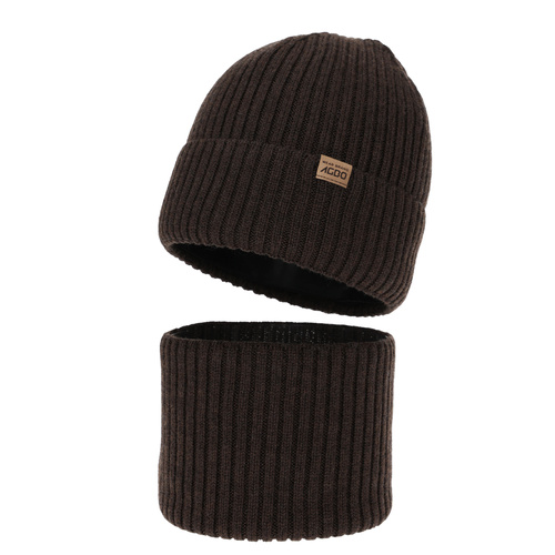 Hat and tube scarf for boy, winter set, 100% merino wool, with merino wool lining, brown, Domin