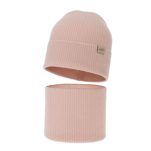 Girl's spring, autumn set: hat and tube scarf, cream, 100% merino wool, Magenta