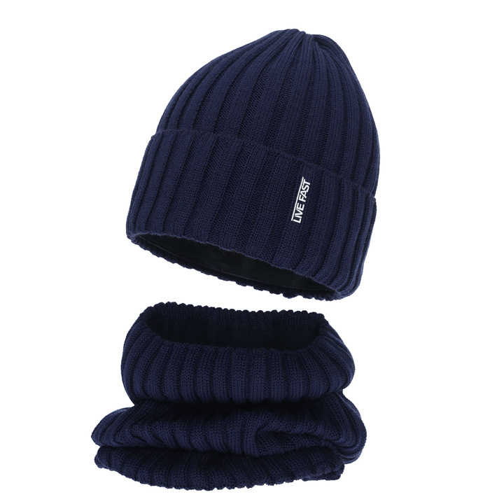 Boy's winter set: hat and tube scarf, navy blue, with merino wool, fleece lining, Banasko