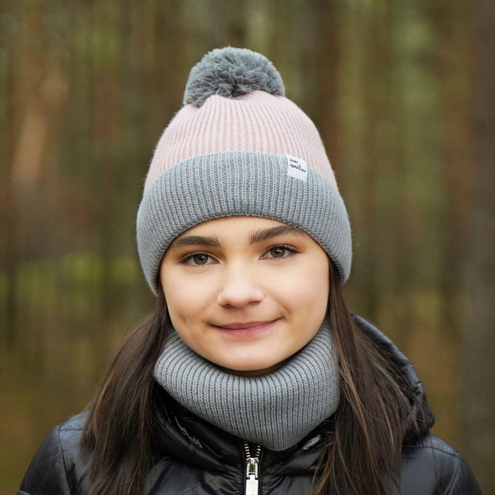 Girl's winter set: hat and tube scarf pink Rosalin with pompom