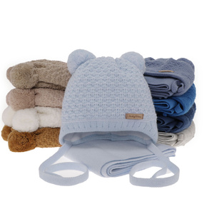 Boys winter set hat and scarf beige with two pompoms Franki