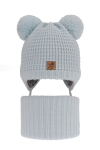 Boy's winter set: hat and tube scarf light blue with two pompoms Krispi