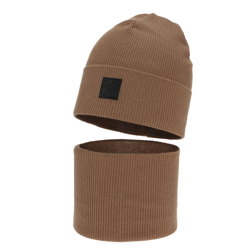 Boy's spring, autumn set: hat and tube scarf, with cotton, camel, Jonas