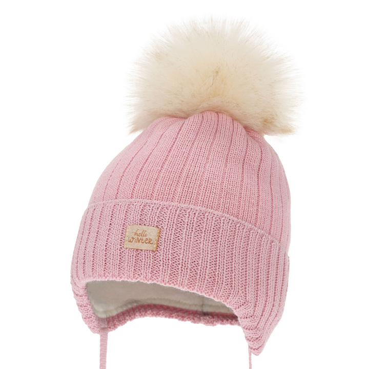 Girl's winter hat, pink, with ears, with merino wool, Basma