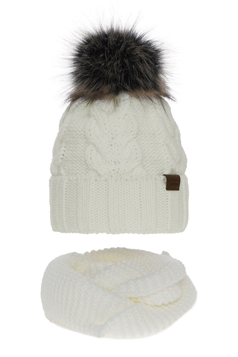 Girl's winter set: hat and tube scarf ecru Torina with pompom