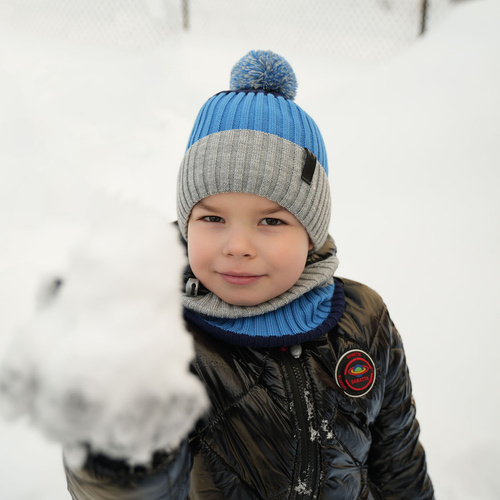 Boy's winter set: hat and tube scarf navy blue Karson with pompom