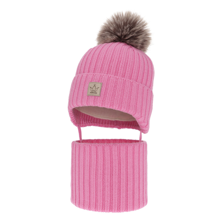 Girl's winter set: hat and tube scarf pink made of 100% extra fine merino wool, lined with wool fleece Martina