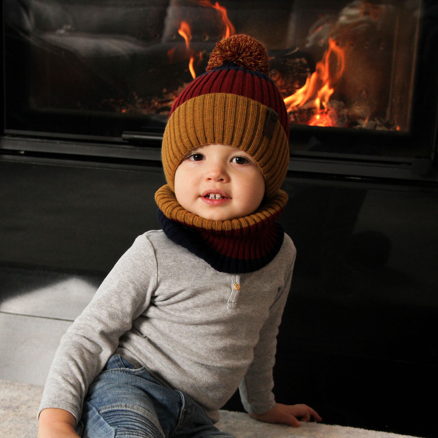 Boy's winter set: hat and tube scarf black Karson with pompom