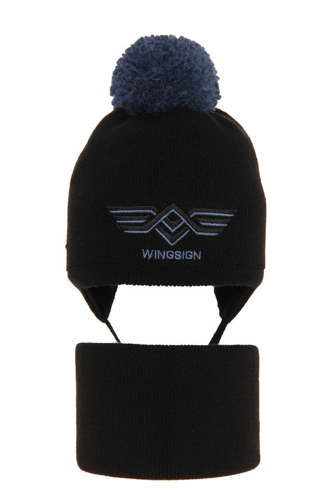 Boy's winter set: hat and tube scarf black Wings with pompom