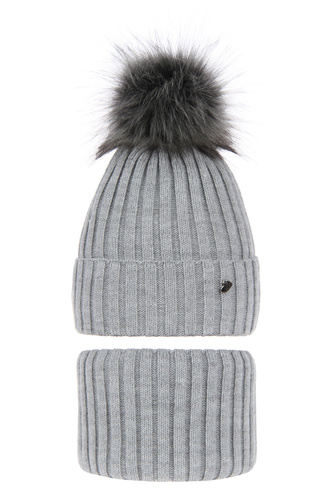 Girl's winter set: hat and tube scarf grey Wilma with pompom