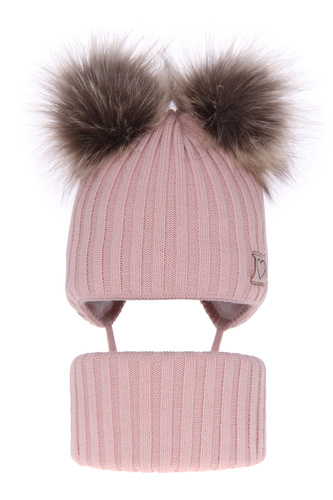 Girl's winter set: hat and tube scarf pink Telisa with two pompom