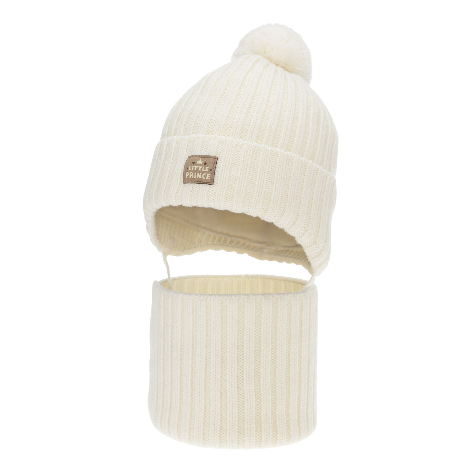 Boy's winter set: hat and tube scarf, cream, 100% merino wool, cotton lining, with ears, Masil