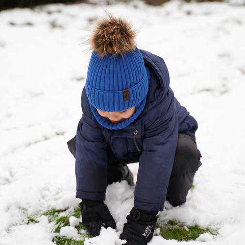 Boy's winter set: hat and tube scarf blue Puzel with pompom