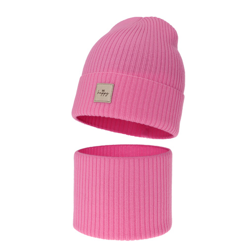 Girl spring, autumn set: hat and tube scarf, pink, 100% merino wool, Vanita
