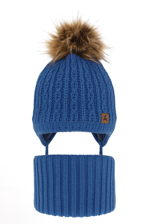 Boy's winter set: hat and tube scarf blue Pago with pompom