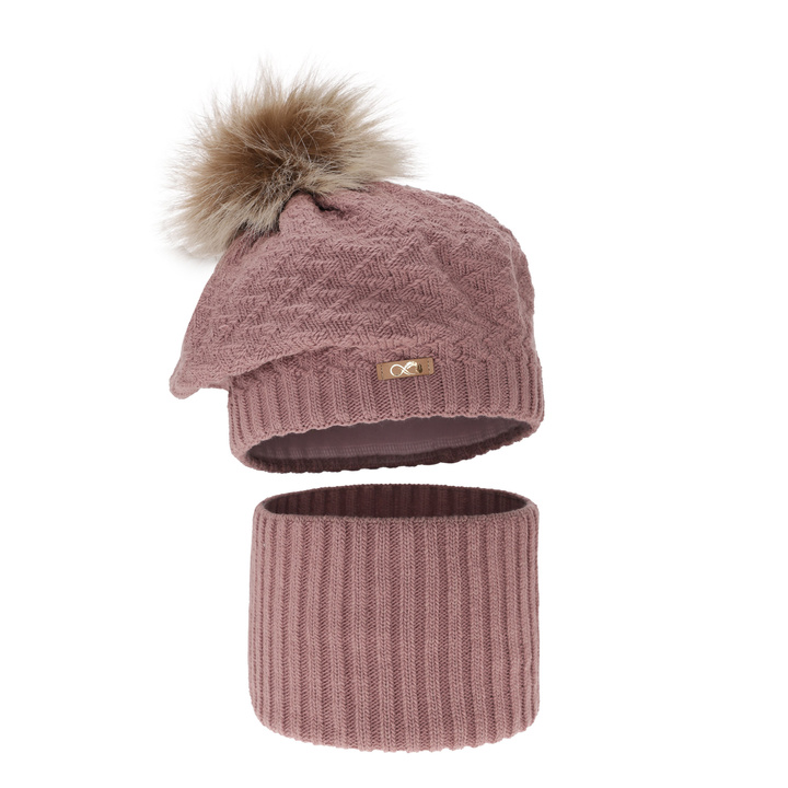 Girl's winter set: hat and tube scarf pink Atene with pompom