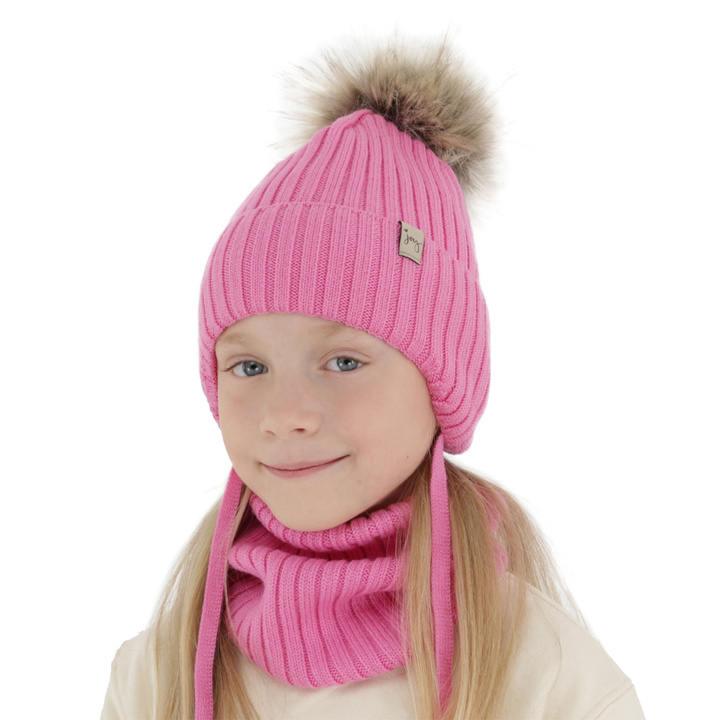 Girl's winter set: hat and tube scarf pink made of 100% extra fine merino wool Junika