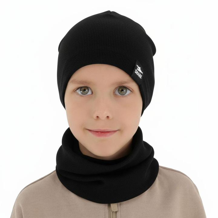 Boy's spring, autumn set: hat and tube scarf, black, cotton, Rumel