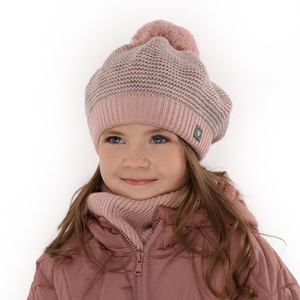 Girl's winter set: hat and tube scarf grey Lira with pompom