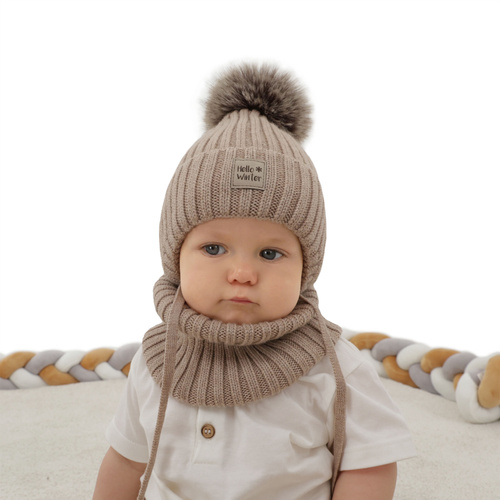 Boy's winter set: hat and tube scarf, beige, 100% extra fine merino wooll, lined with wool fleece Morti