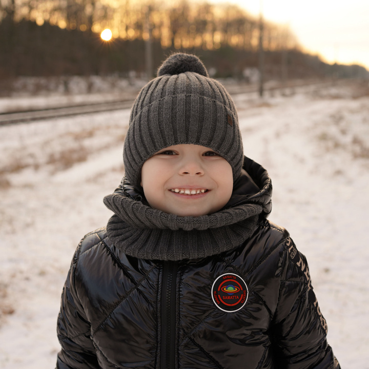 Boy's winter set: hat and tube scarf grey Wiliam with pompom