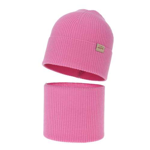 Girl's spring, autumn set: hat and tube scarf, pink, 100% merino wool, Magenta