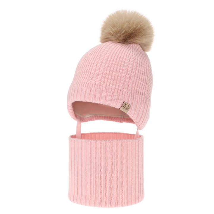 Girl's winter set: hat and tube scarf, pink, 100% merino wool, lined with wool fleece, with ears Danielle