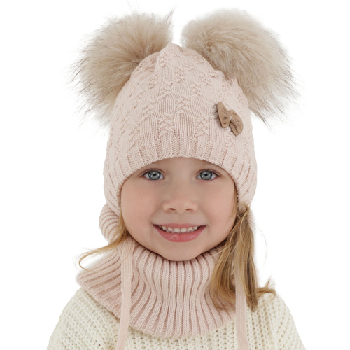 Girl's winter set: hat and tube scarf pink with two pompoms Bettina