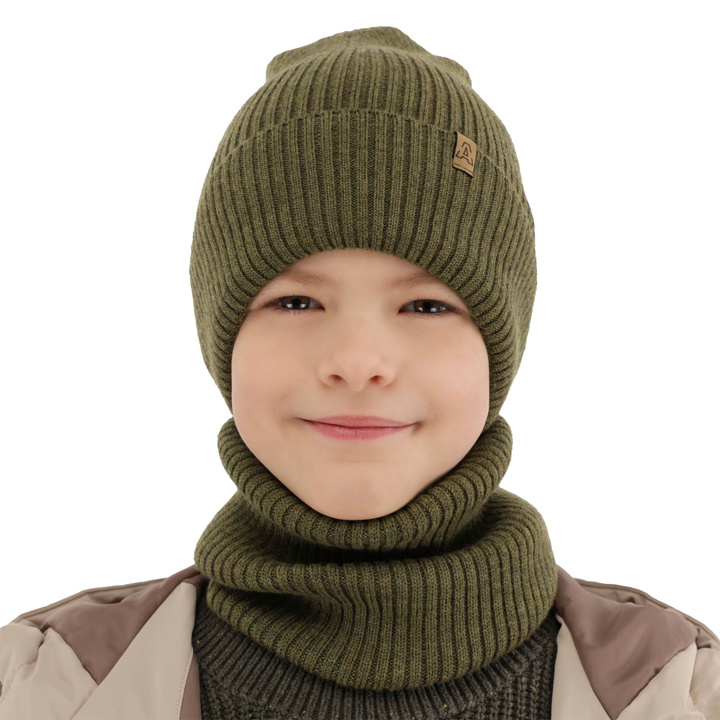 Boy's spring/ autumn set: hat and tube scarf khaki 100% extra finemerino wool Lemas