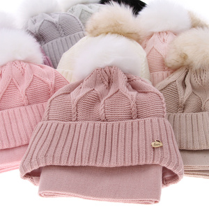 Girl's winter set: hat and scarf beige Altina with pompom