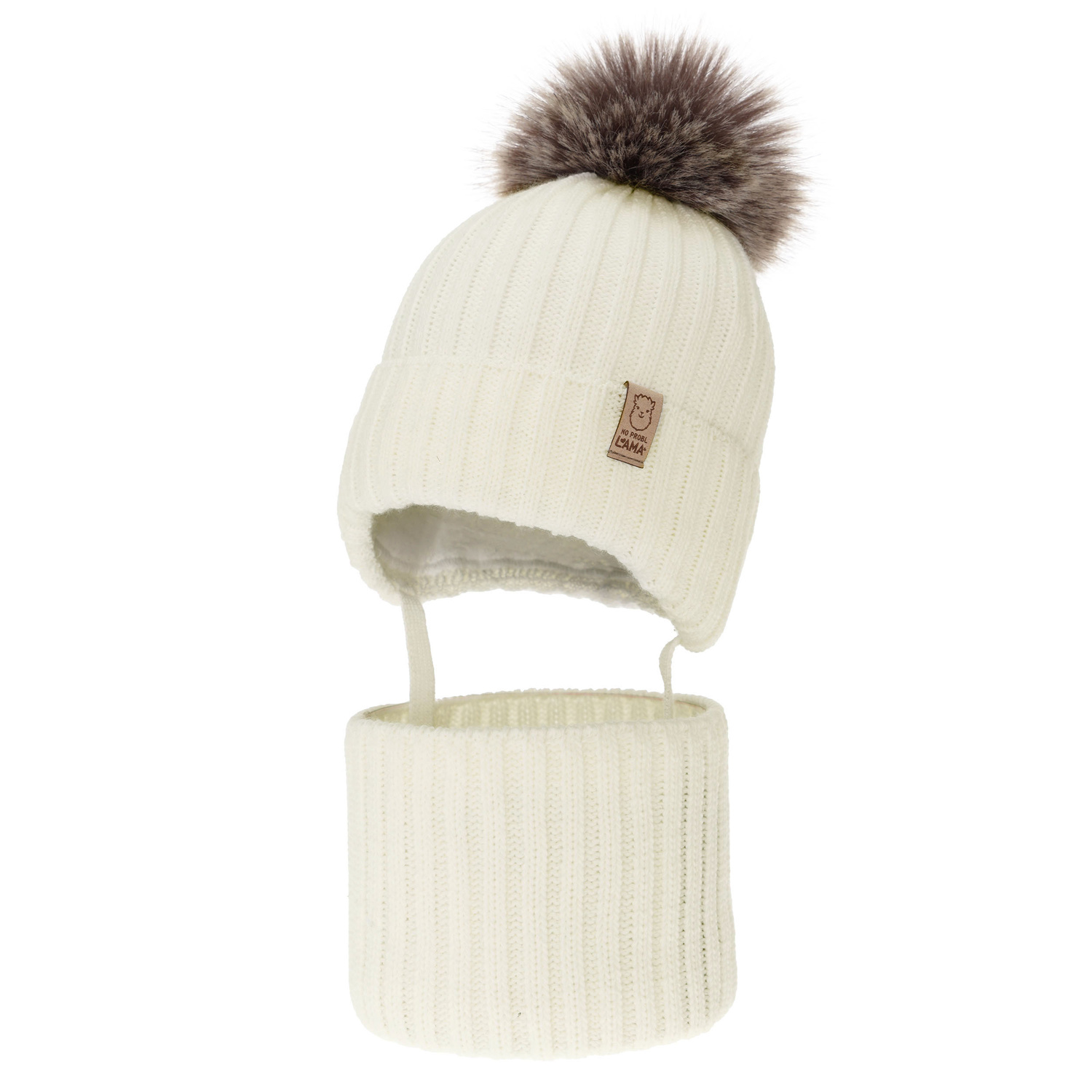 Girl's winter set: hat and tube scarf, ecru, with pompom Abigail