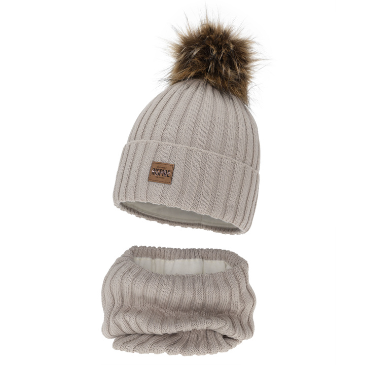Girl's winter set: hat and tube scarf, beige, fleece lining, with merino wool, Bellina
