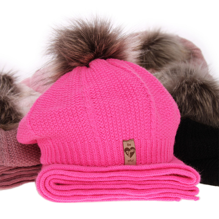 Girl's winter set: hat and scarf pink Elif with pompom