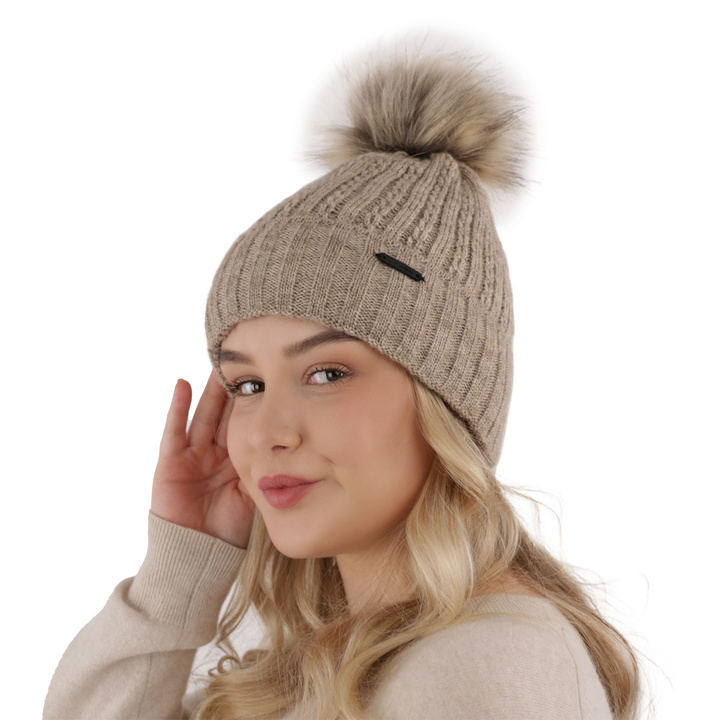 Woman's winter hat beige Karizma with pompom