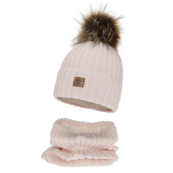 Girl's winter set: hat and tube scarf, light pink, fleece lining, with merino wool, Bellina