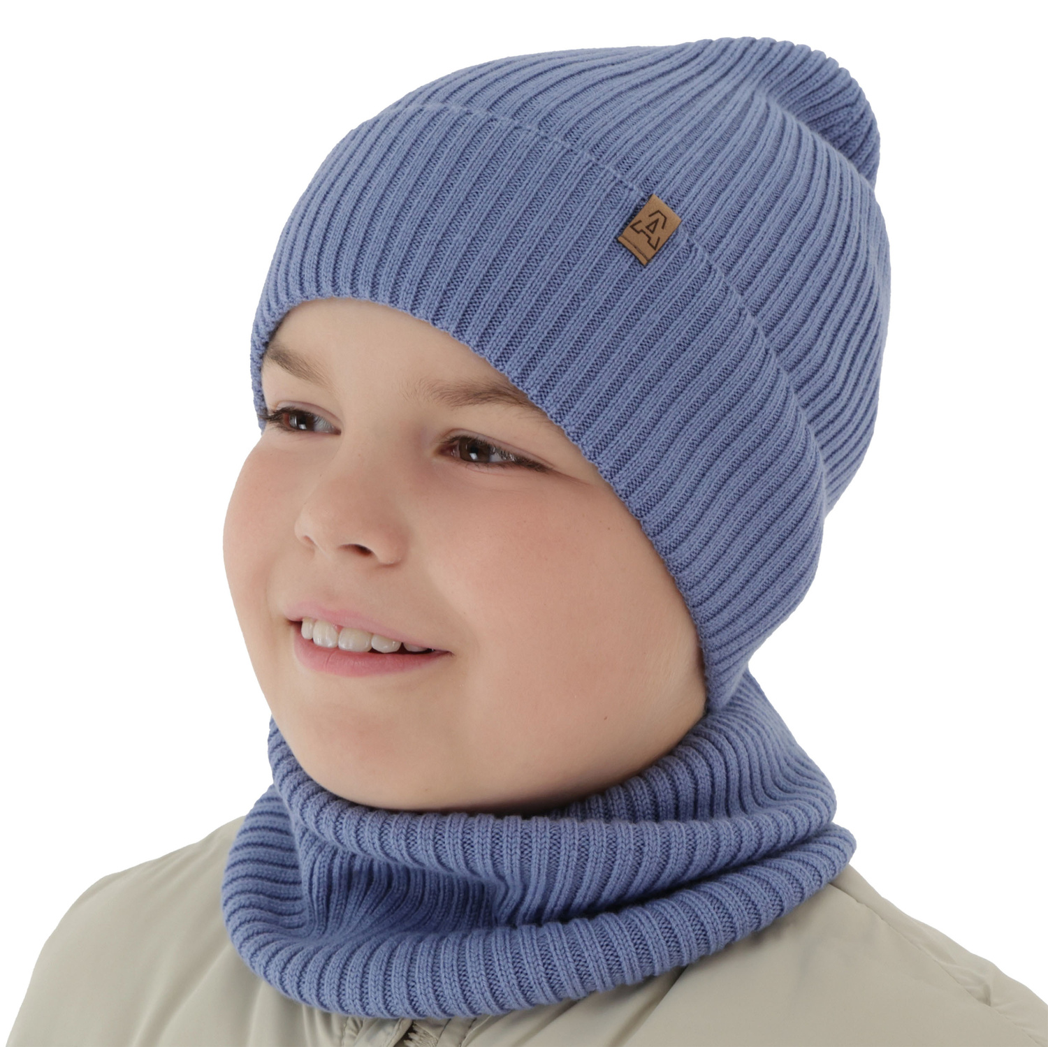 Boy's spring/ autumn set: hat and tube scarf blue 100% extra finemerino wool Lemas