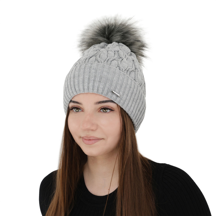 Woman's winter hat grey Deva with pompom