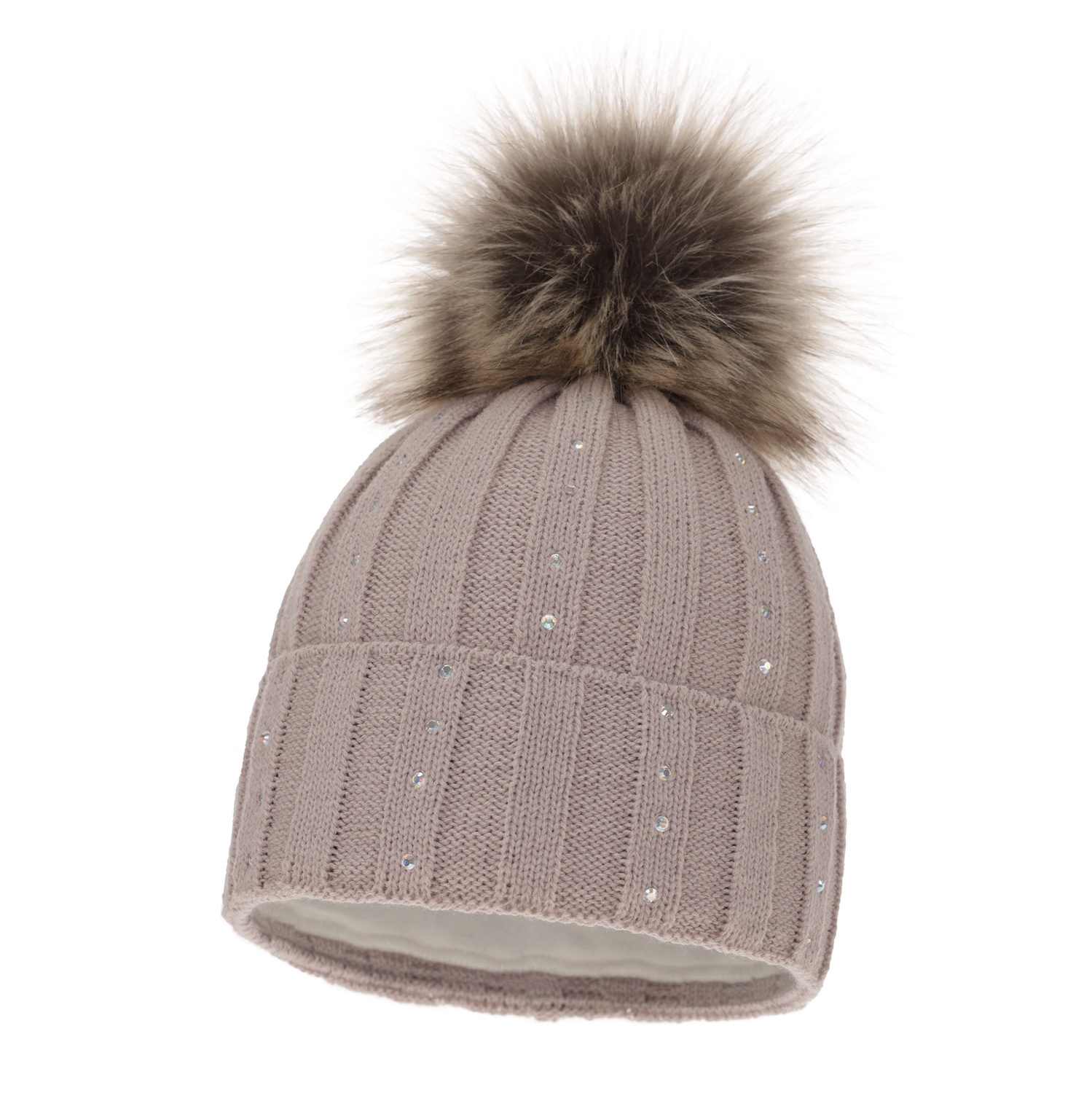 Woman's winter hat beige Mada with pompom