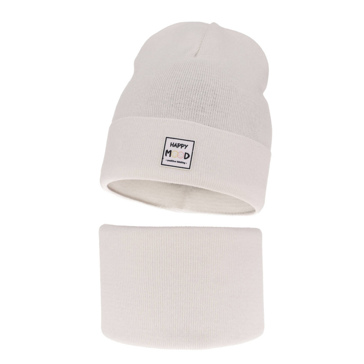 Girl's spring/ autumn set: hat and tube scarf, with cotton, white Mersila