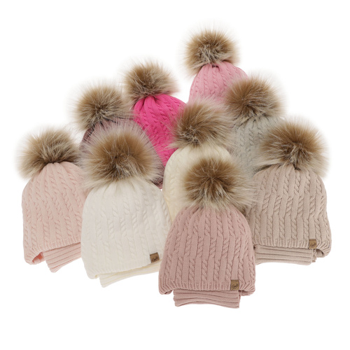 Girl's winter set: hat and tube scarf pink with pompom Loreley