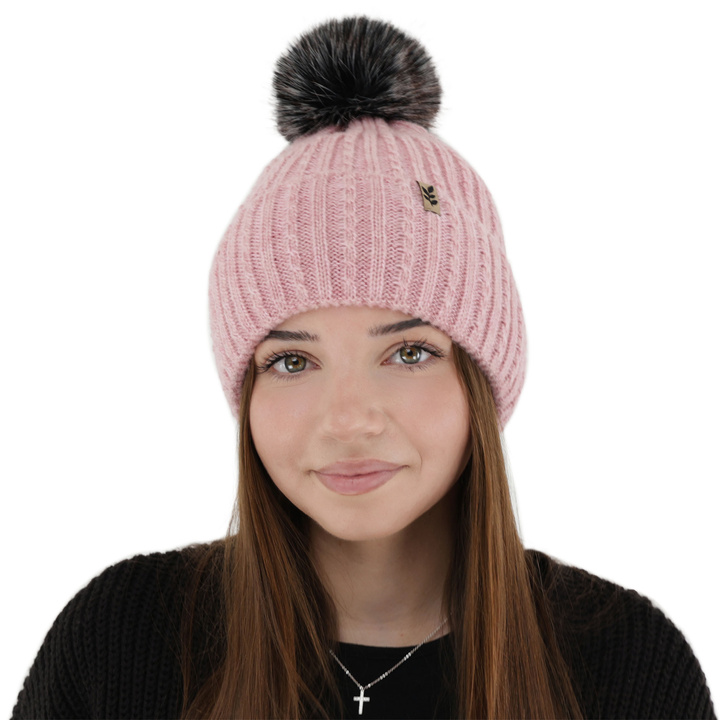 Woman's winter hat, pink, with pompom, Calista