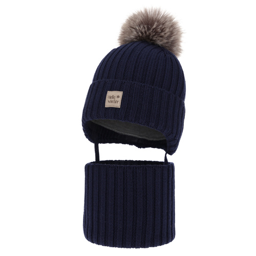 Boy's winter set: hat and tube scarf, navy blue, 100% extra fine merino wooll, lined with wool fleece Morti