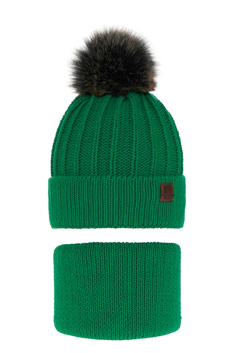 Boy's winter set: hat and tube scarf green Havier with pompom