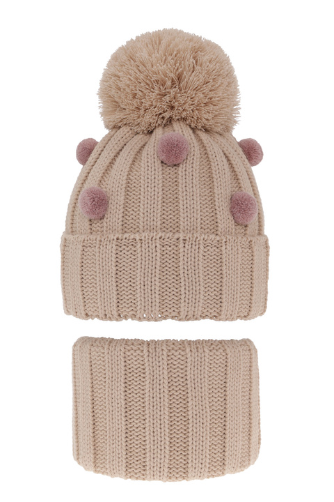 Girl's winter set: hat and tube scarf beige Hekate with pompom