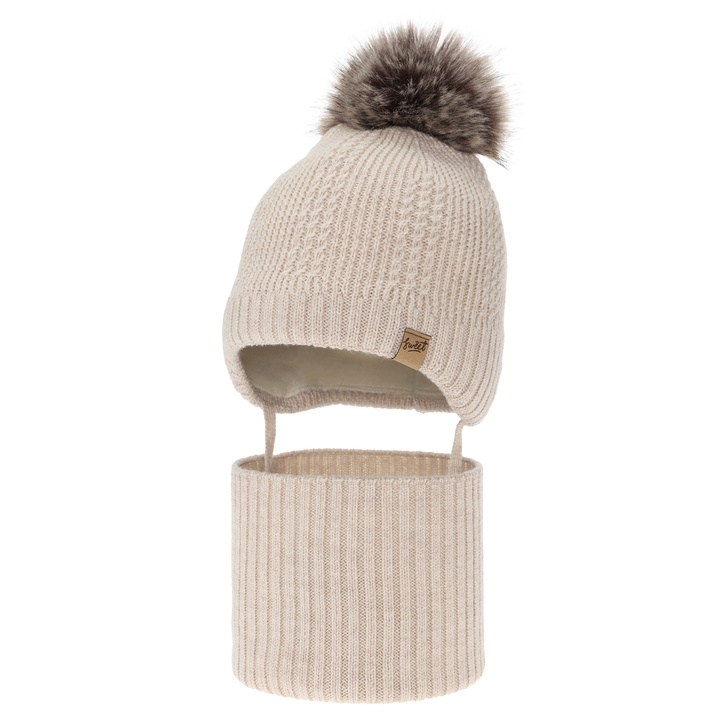 Boy's hat and tube scarf, winter set, light beige, 100% merino wool, lined with wool fleece, with ties Danny